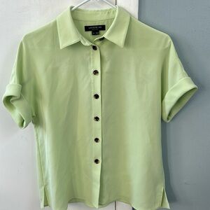 Lafayette 148 New York Button Down Short Sleeve Blouse Top Key Lime Green